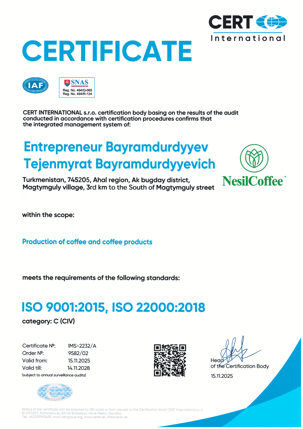 ISO 9001:2015 və ISO 22000:2018